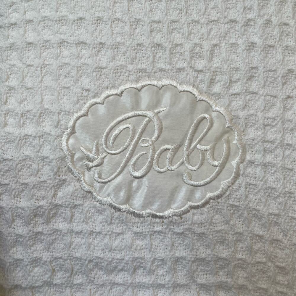 Vintage Thermal Waffle Weave Crib Blanket White Satin 'Baby' Design NOS Owen